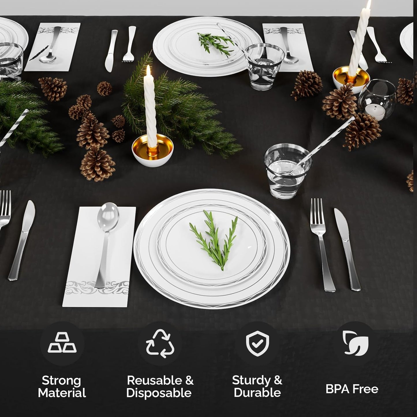 ROVSUN 800 Pcs Gold Disposable Dinnerware Set 100 Guests, Elegant Plastic Plates for Party Wedding,100 Dinner Plates, 100 Dessert Plates, 100 Cups, 10