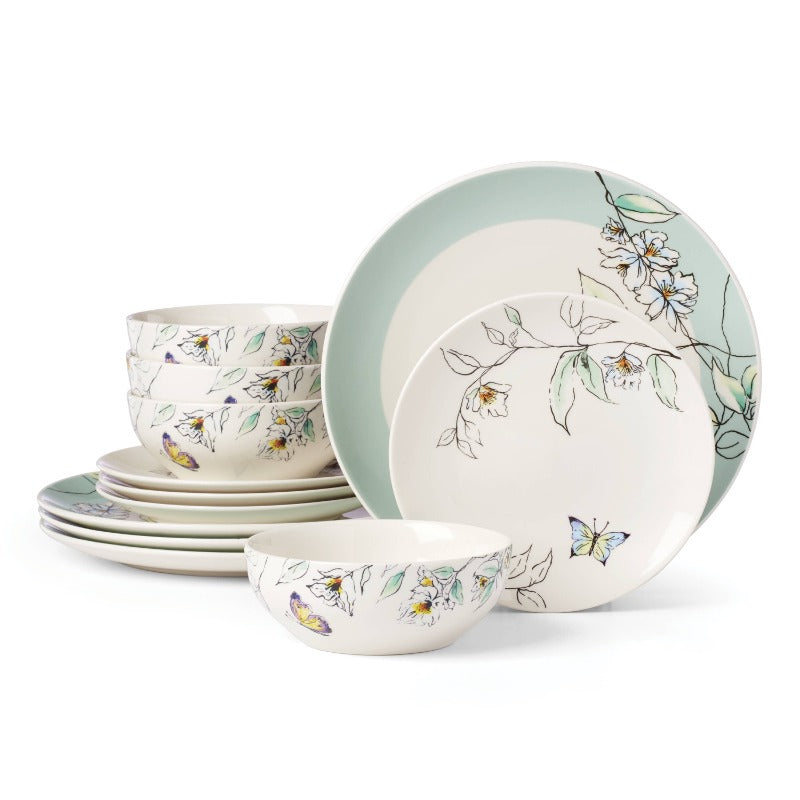 12-Piece Botanica Dinnerware Set for 4, Floral Design Plates Bowls Mugs, Complete Service for Family Dining, Dishwasher Safe Tableware Set for Home Ki