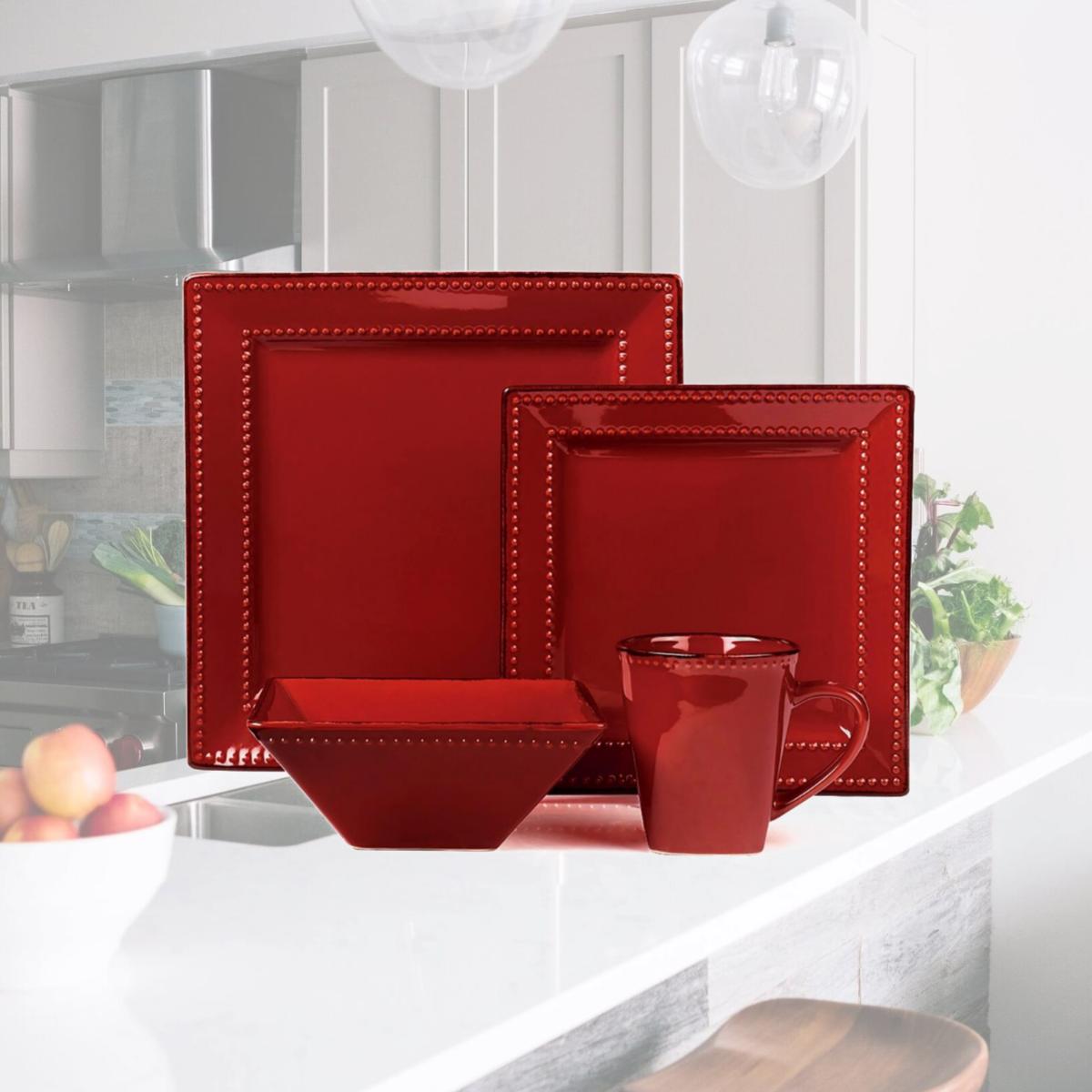 Square Beaded Stoneware Dinnerware Set, Red