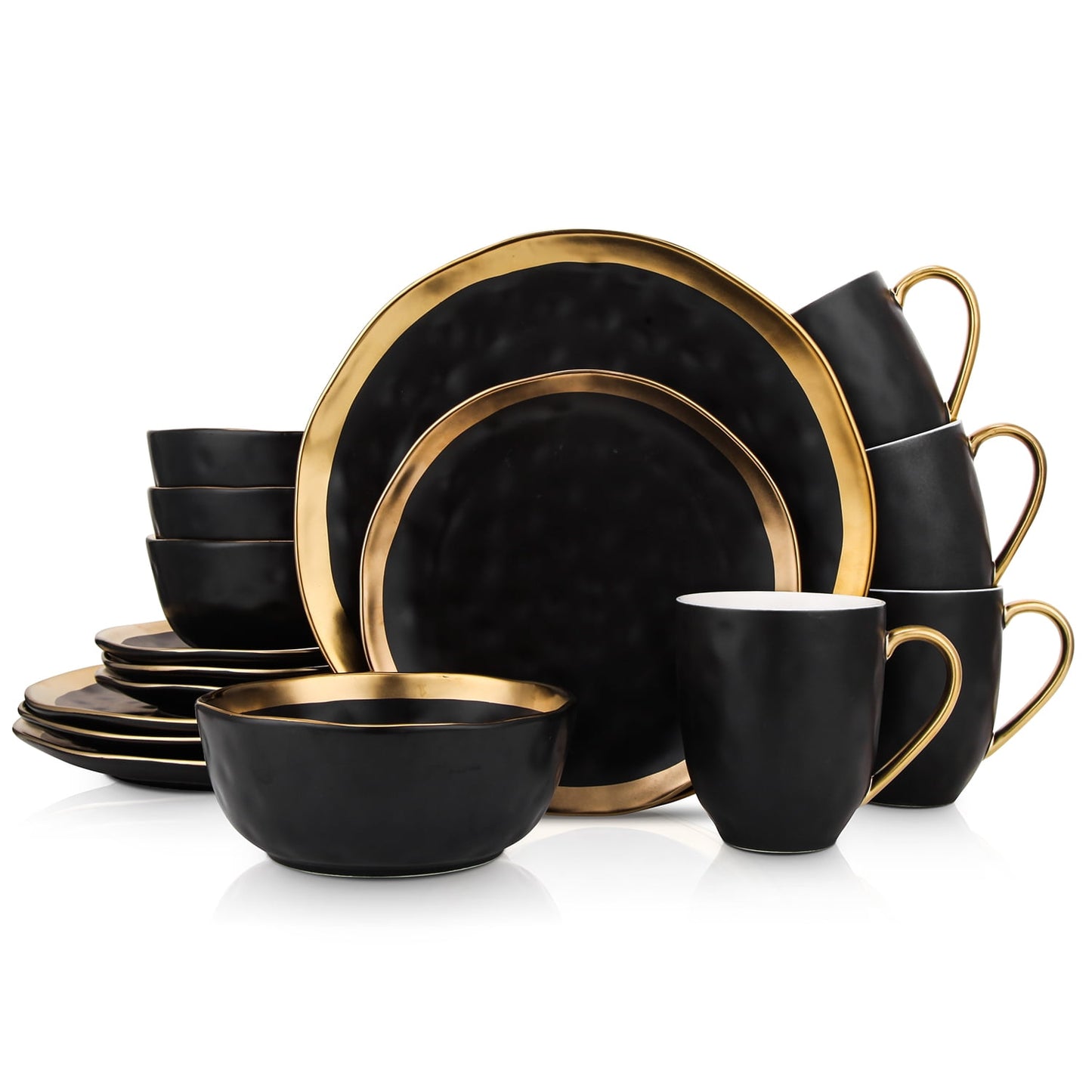 Modern Porcelain Dinnerware Set 16-Piece Gold and Black Dish Set for 4, Elegant Tableware for Daily Meals and Special Occasions