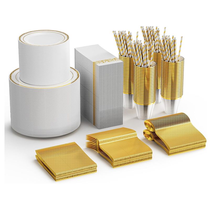 ROVSUN 800 Pcs Gold Disposable Dinnerware Set 100 Guests, Elegant Plastic Plates for Party Wedding,100 Dinner Plates, 100 Dessert Plates, 100 Cups, 10