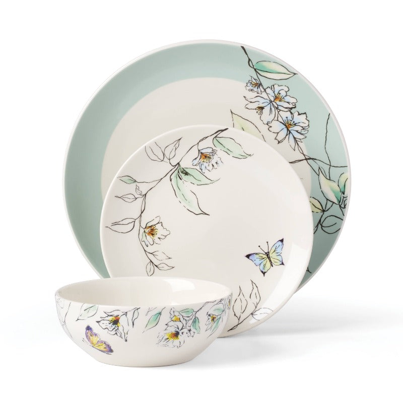 12-Piece Botanica Dinnerware Set for 4, Floral Design Plates Bowls Mugs, Complete Service for Family Dining, Dishwasher Safe Tableware Set for Home Ki