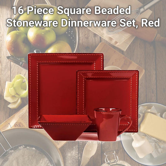 Square Beaded Stoneware Dinnerware Set, Red