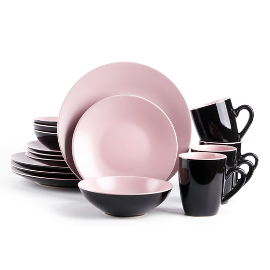 16-Piece Stoneware color life Round Shape Matte Glaze Rose & Shiny Black Ceramic Tableware Set For Wedding, Guest, Graduation, Valentine's Day, Mother