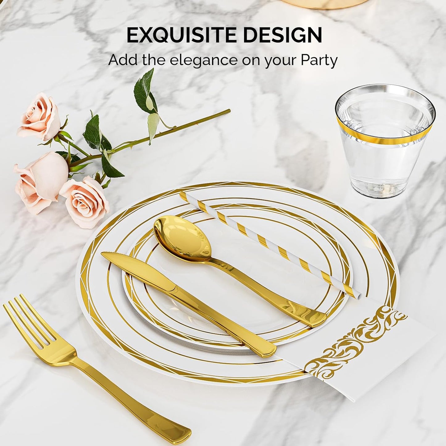 ROVSUN 800 Pcs Gold Disposable Dinnerware Set 100 Guests, Elegant Plastic Plates for Party Wedding,100 Dinner Plates, 100 Dessert Plates, 100 Cups, 10