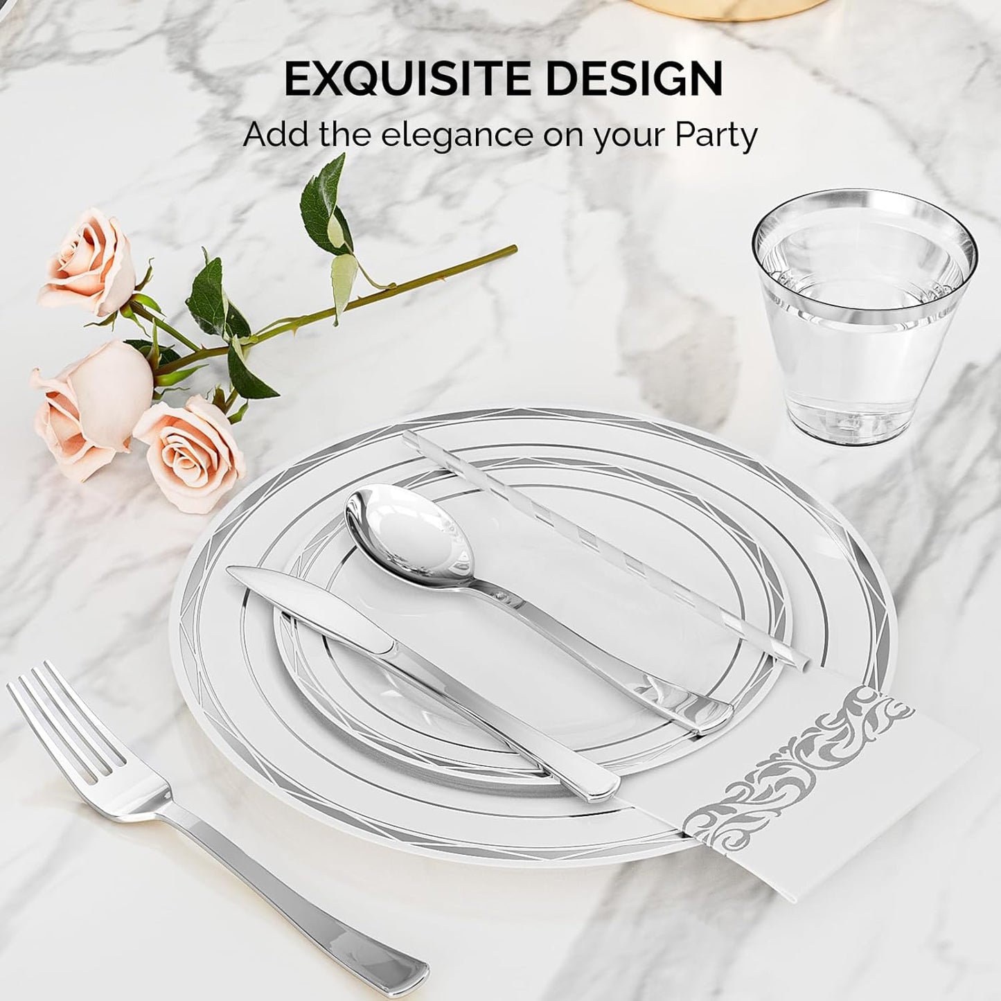 ROVSUN 800 Pcs Gold Disposable Dinnerware Set 100 Guests, Elegant Plastic Plates for Party Wedding,100 Dinner Plates, 100 Dessert Plates, 100 Cups, 10