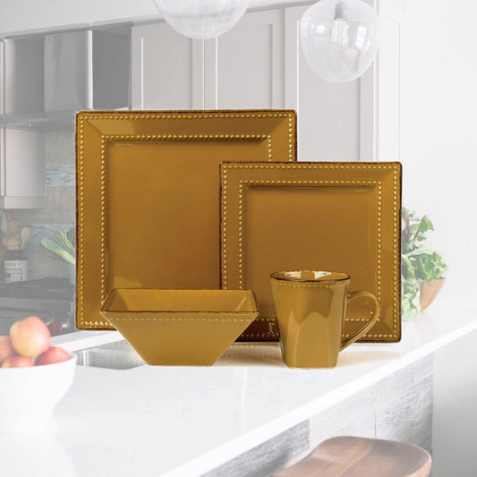 Square Beaded Stoneware Dinnerware Set, Mocca