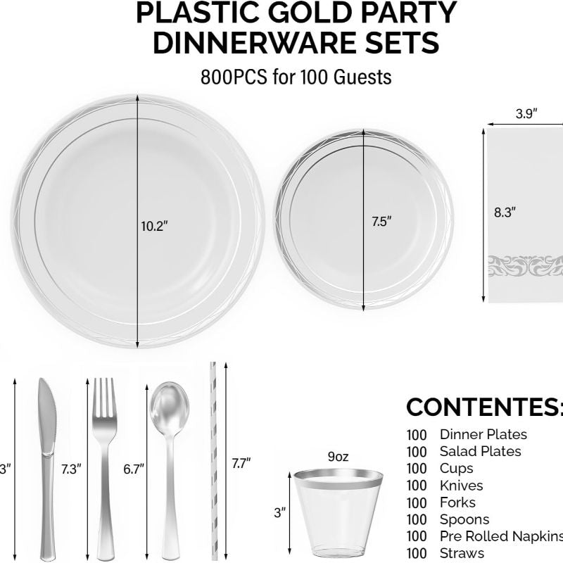 ROVSUN 800 Pcs Gold Disposable Dinnerware Set 100 Guests, Elegant Plastic Plates for Party Wedding,100 Dinner Plates, 100 Dessert Plates, 100 Cups, 10