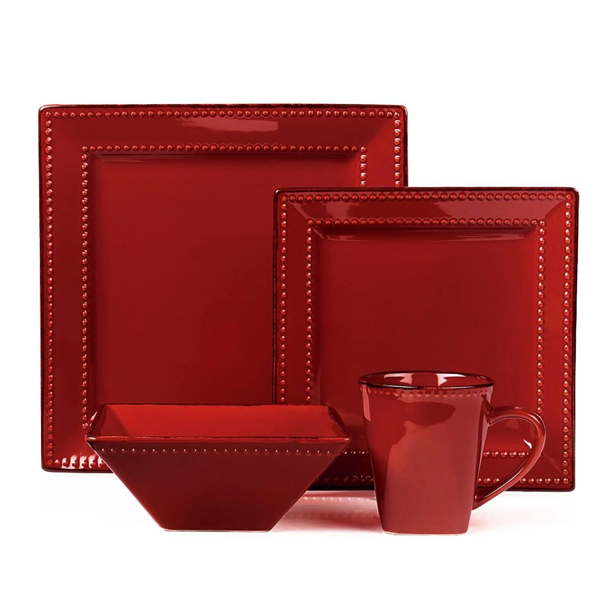 Square Beaded Stoneware Dinnerware Set, Red