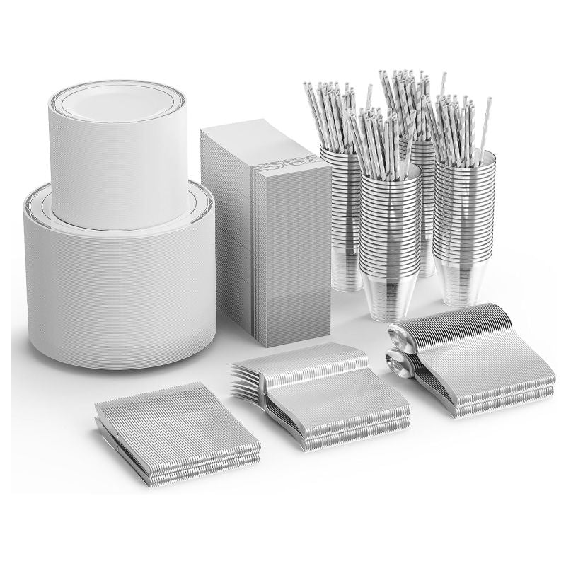 ROVSUN 800 Pcs Gold Disposable Dinnerware Set 100 Guests, Elegant Plastic Plates for Party Wedding,100 Dinner Plates, 100 Dessert Plates, 100 Cups, 10