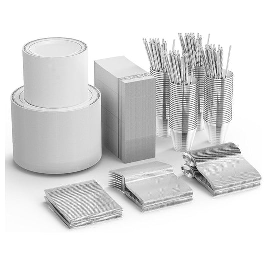 ROVSUN 800 Pcs Gold Disposable Dinnerware Set 100 Guests, Elegant Plastic Plates for Party Wedding,100 Dinner Plates, 100 Dessert Plates, 100 Cups, 10